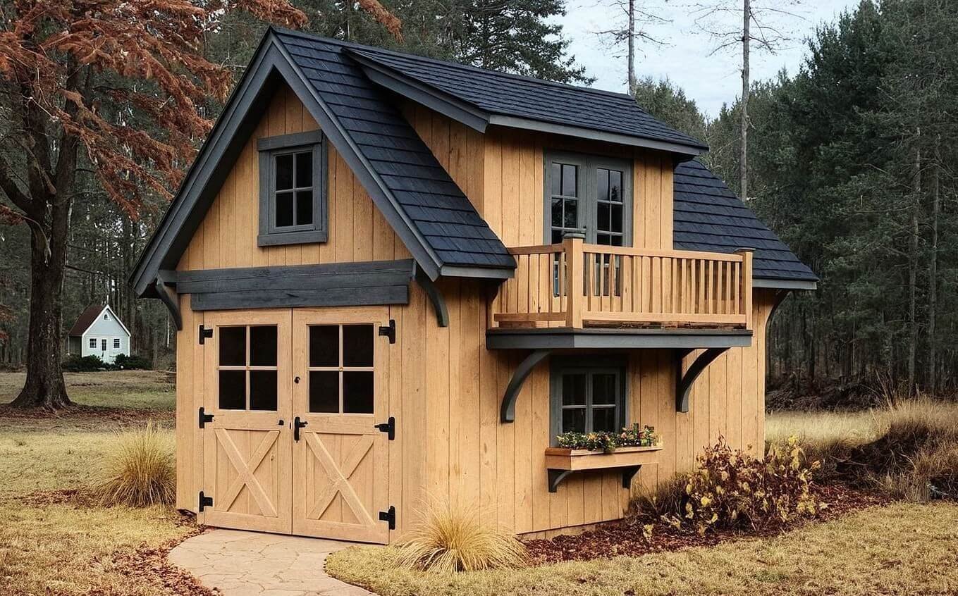Appalachian Carriage House Shed #4 Two-story Appalachian carriage house shed with pine board-and-batten siding, black shingle roof, barn doors, balcony, and window flower box in a woodland clearing.