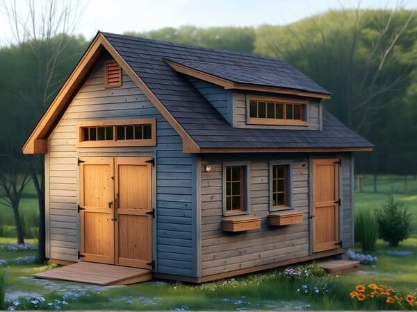 Appalachian Country Cottage Shed with Dormer Appalachian-inspired country cottage shed featuring gray lap siding, dormer windows, and natural wood trim set in a peaceful meadow