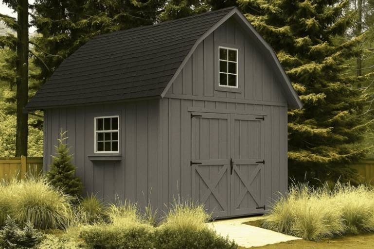 Vintage Gray Gambrel Roof Barn Shed A gray barn-style shed with a gambrel roof, featuring board and batten siding, traditional cross-buck doors, and white-trimmed windows, surrounded by landscaping.