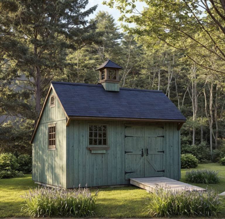 Green Barn Shed with Cupola & Board and Batten Siding Green barn shed with cupola, board and batten siding, barn doors, window box, wooden access ramp, blue metal roof in woodland setting
