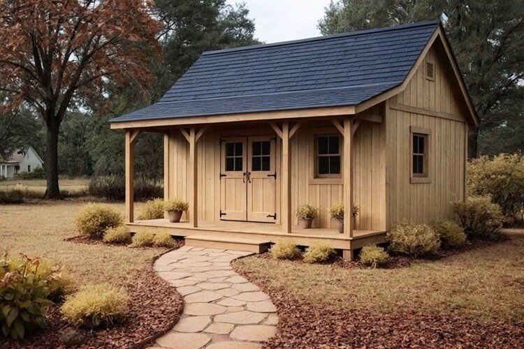 Kentucky Modern Farmhouse Shed with Pine Board-and-Batten Siding Appalachian-inspired Kentucky modern farmhouse shed with natural pine board-and-batten siding, black shingle roof, and front porch set in a warm autumn landscape