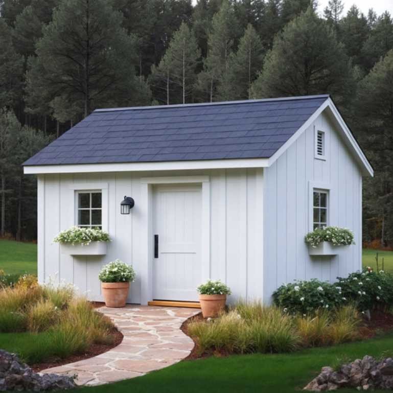 Appalachian Classic Shed with Crisp White Board-and-Batten Siding Premium white garden shed with board-and-batten siding, dark roof shingles, and flower boxes, set in an Appalachian-style forest landscape with a winding flagstone path