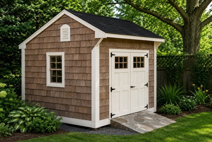 Appalachian Antique Saltbox shed with cedar shake siding in a summer setting