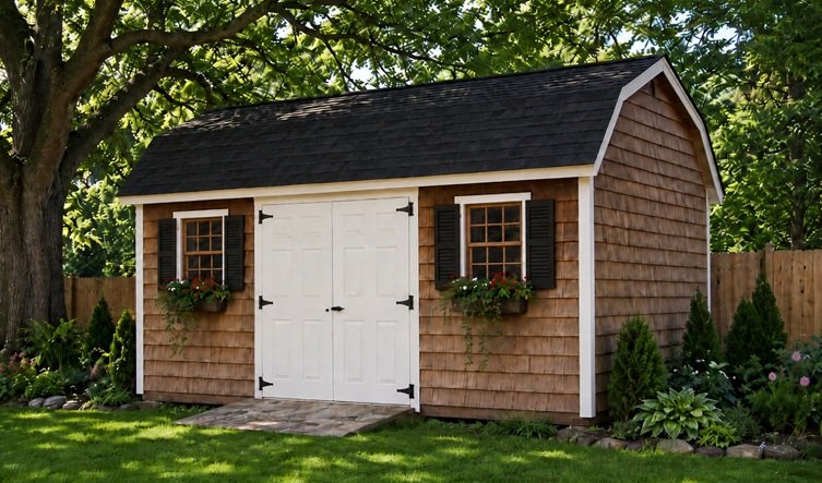 Appalachian Barn shed with natural cedar shake siding in a summer setting