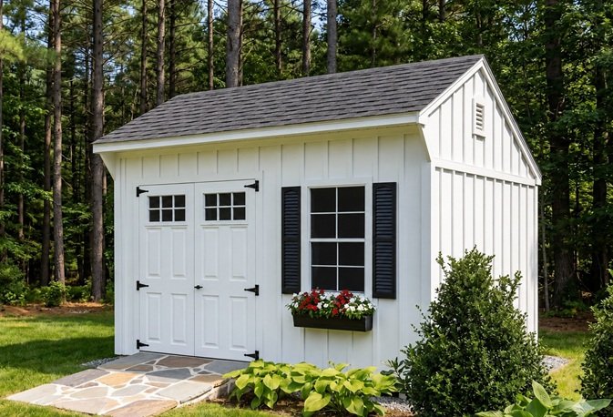 Appalachian Country Carriage shed with white board and batten siding in a summer setting