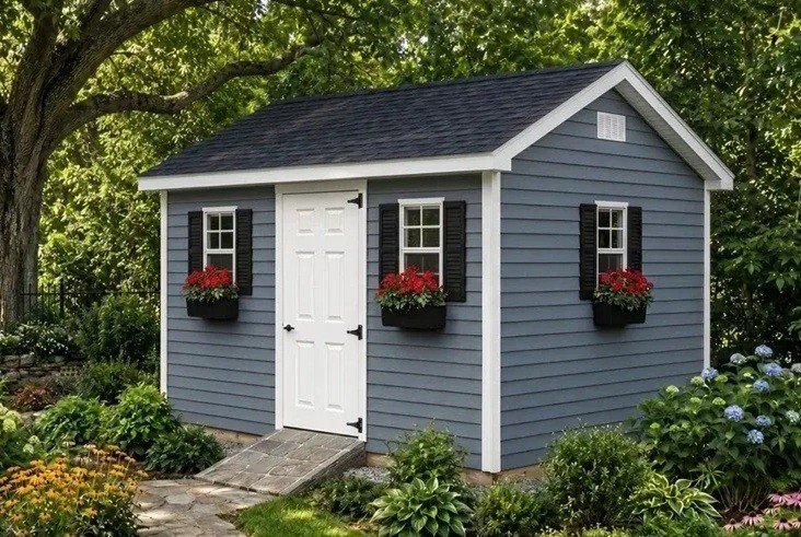 Appalachian Classic shed with blue vinyl siding in a summer landscape