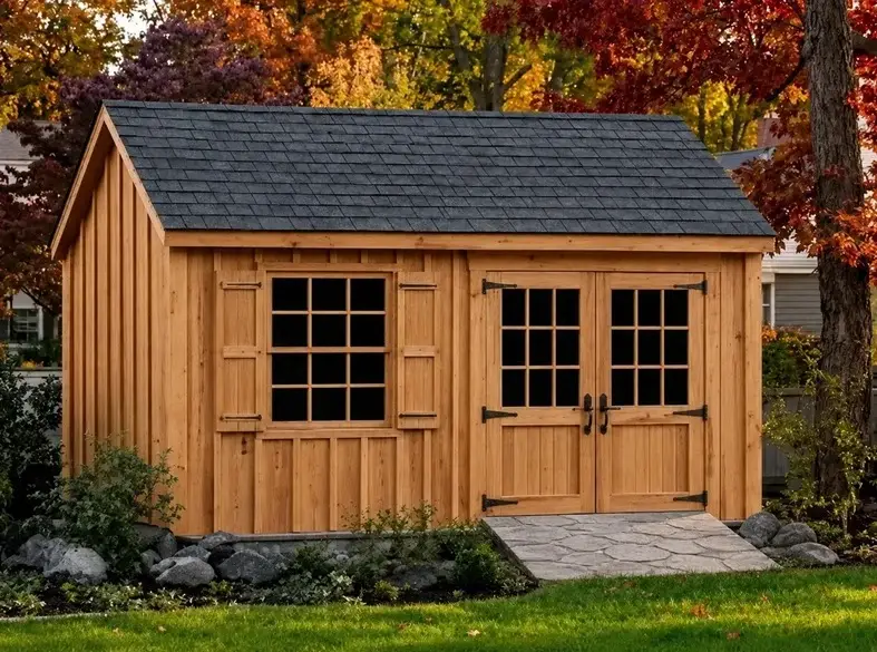 Appalachian Colonial shed with cedar board and batten siding