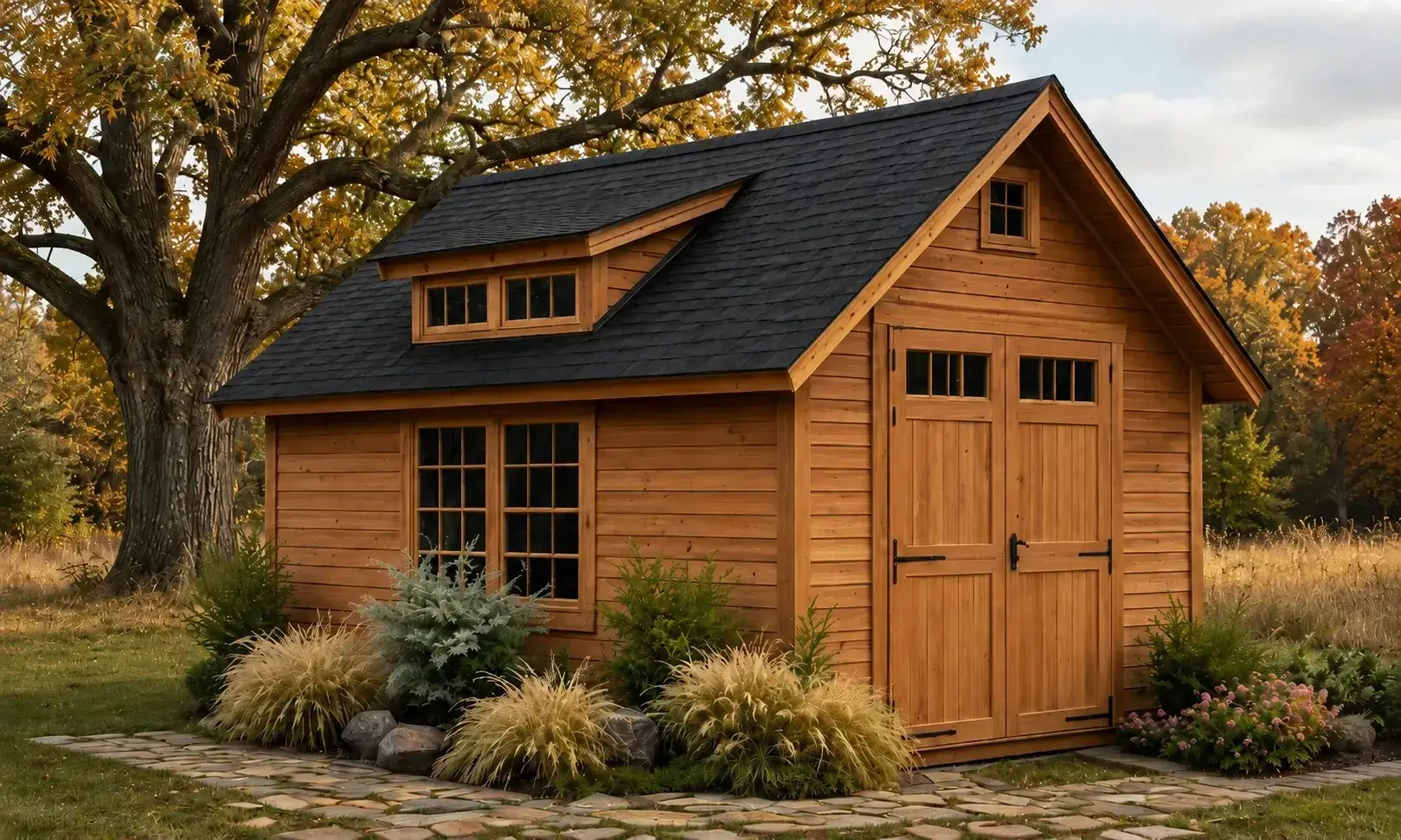 Appalachian country cottage shed with cedar lap siding, black shingle roof, dormer windows, double wood doors, and autumn landscaping beneath an old oak tree.
