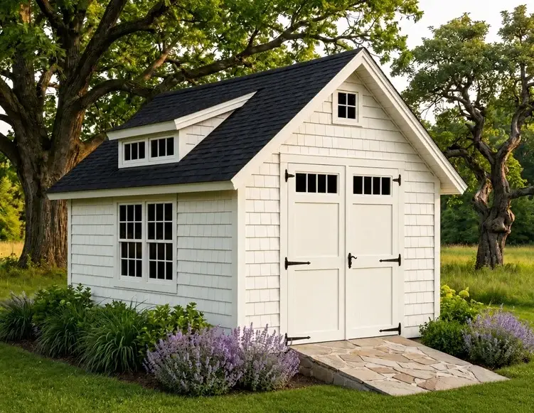 Appalachian Country Cottage with shed dormer and white vinyl shake siding in a summer setting