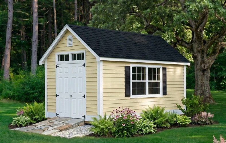 Appalachian Country Cottage shed with yellow lap siding in a summer setting