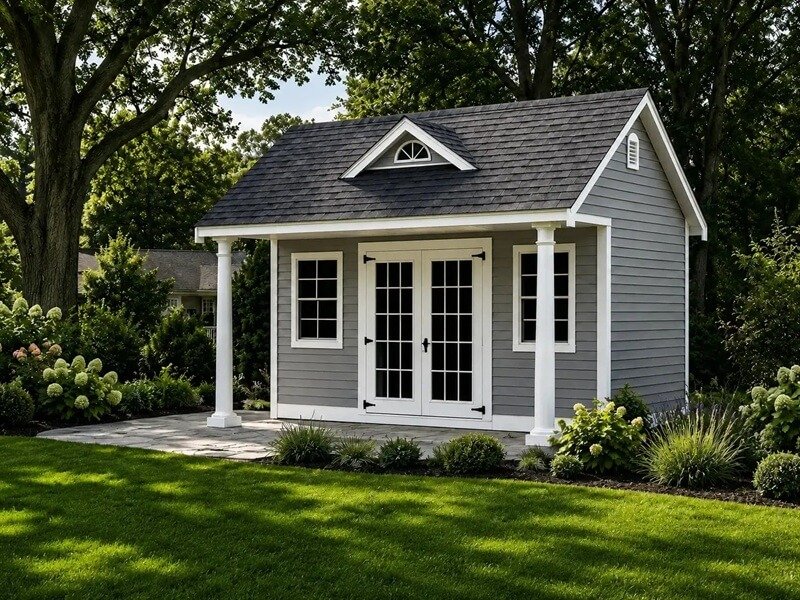 Appalachian Pool House with gray lap siding in a summer backyard setting