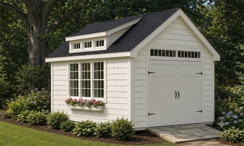 Grand Appalachian with Shed Dormer in white vinyl shakes, shown in a summer setting