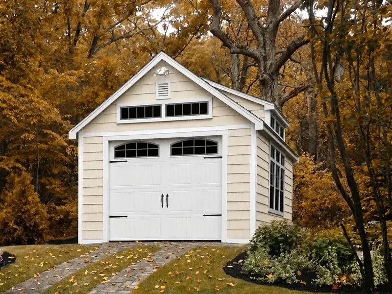 Grand Appalachian shed dormer building with white vinyl shake siding in an autum retreat setting