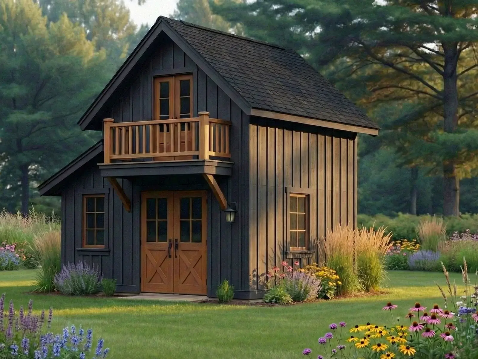 Pine Ridge Bunkie custom specialty building with optional balcony and side shed