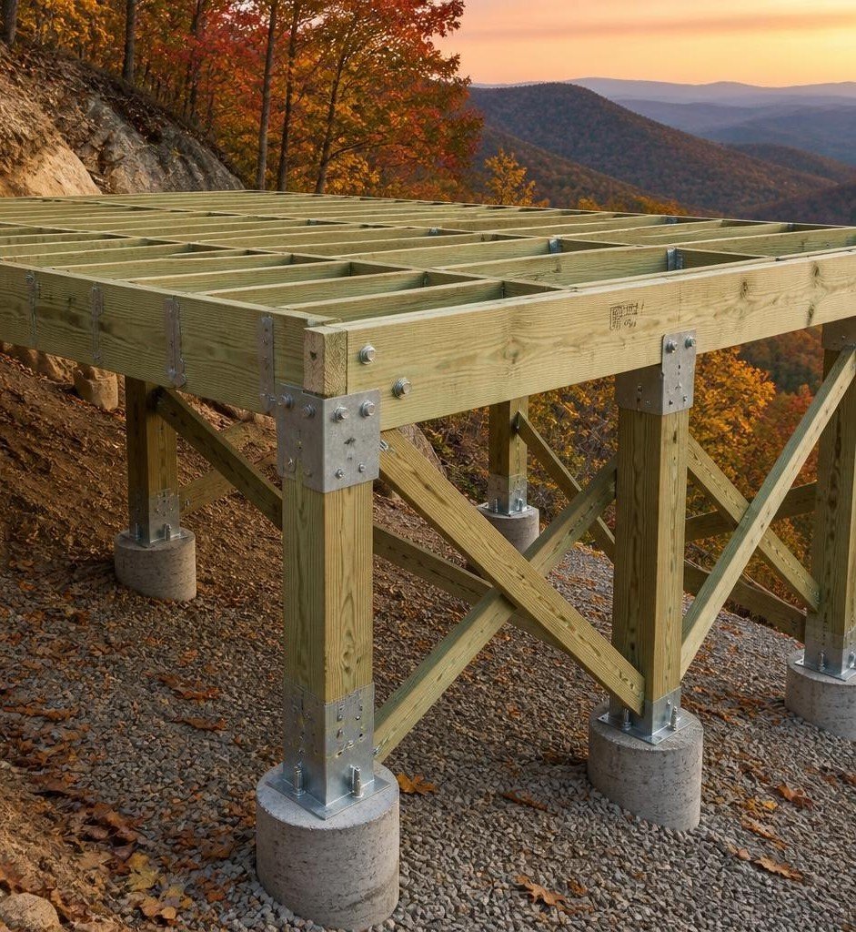 Pier and beam or post and beam foundation support for sloped backyard building site