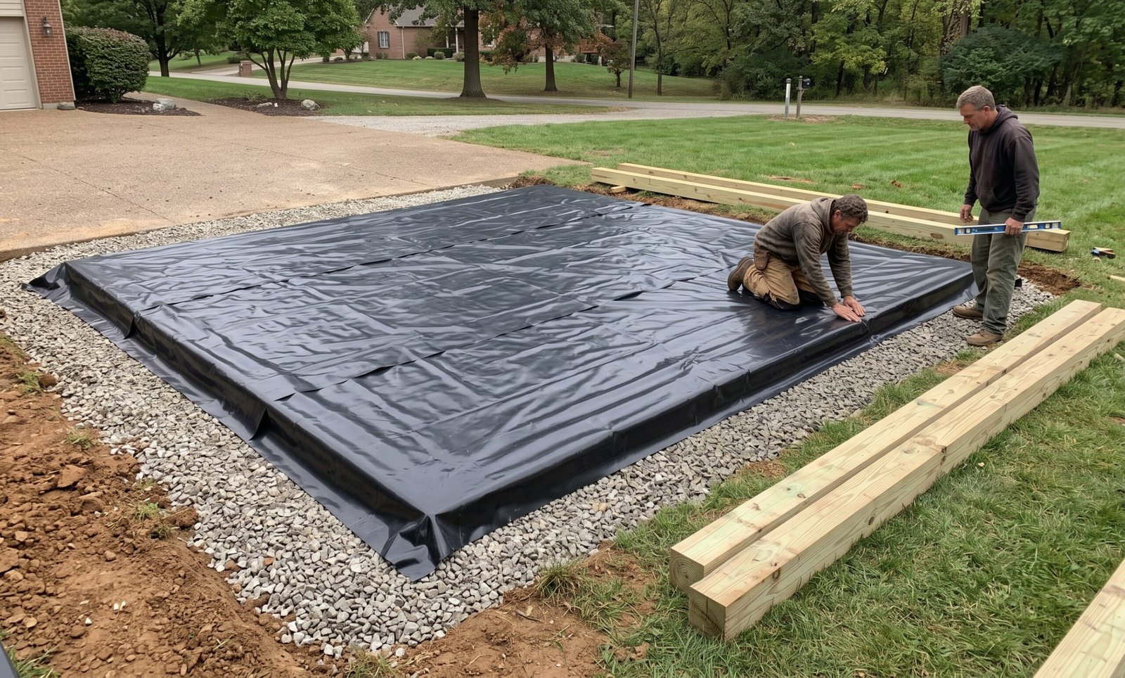 10 mil moisture barrier installed over prepared gravel pad before 6x6 foundation beams