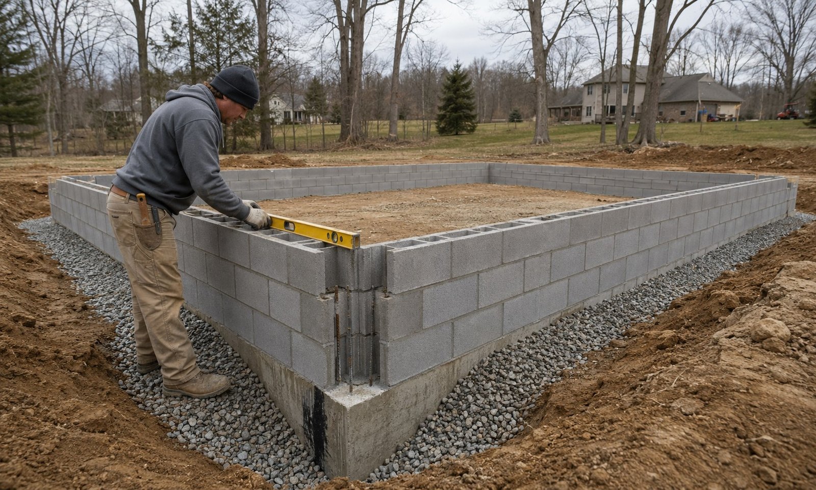 Concrete block wall foundation for large shed garage or premium backyard building