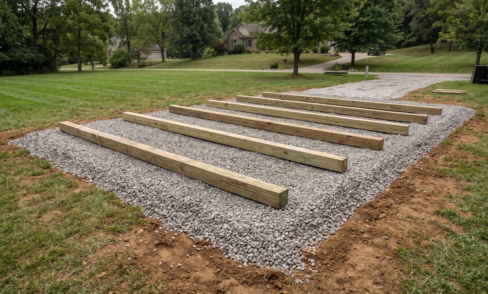 Finished gravel shed foundation pad ready for 6x6 foundation grade beams