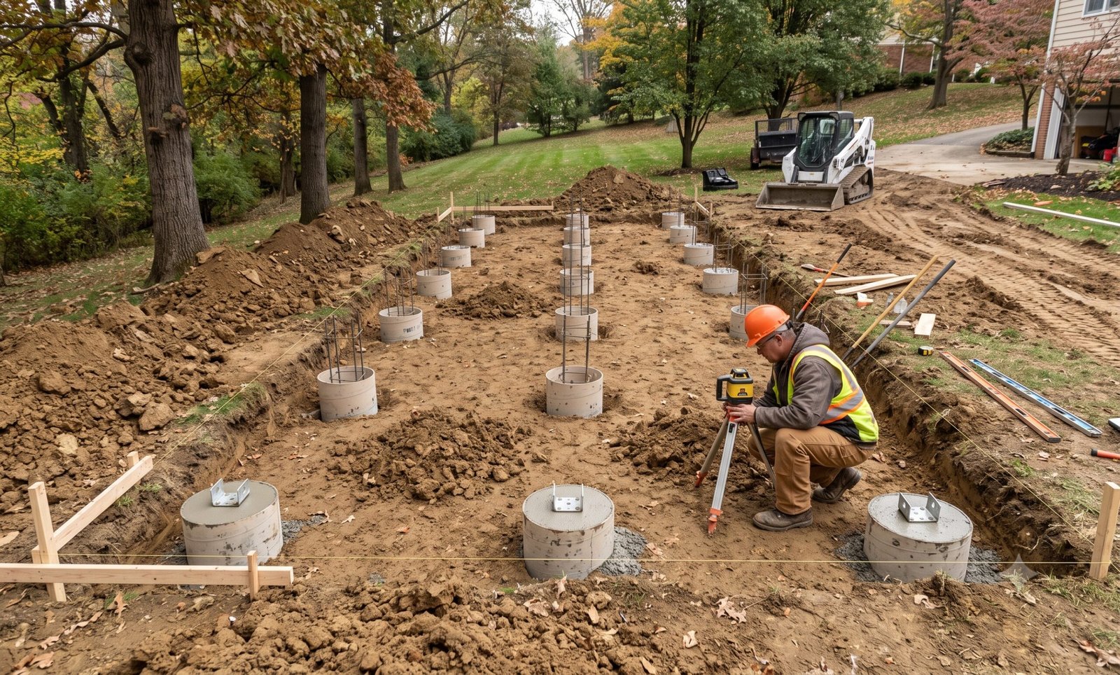 Poured concrete pier footings for shed foundation below frost depth
