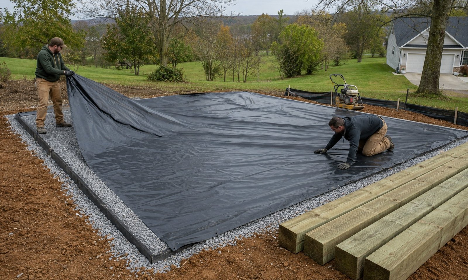 10 mil moisture barrier installed above gravel pad before 6x6 foundation grade beams