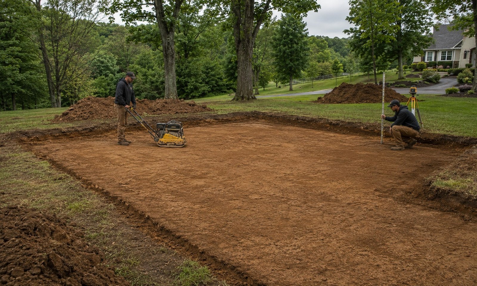Cleared compacted subgrade before gravel pad installation for backyard shed moisture control