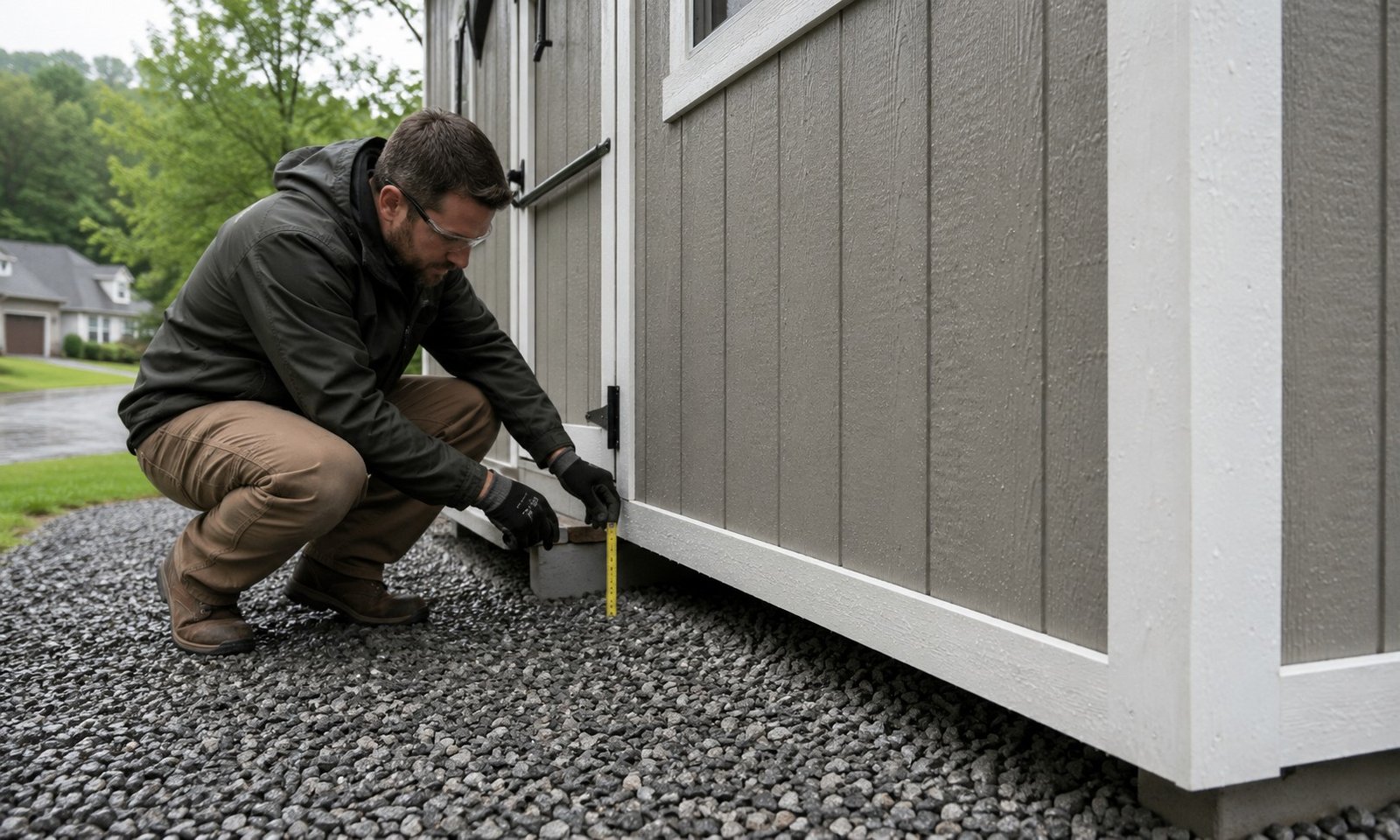 Proper siding clearance above gravel grade to reduce splashback on shed wall