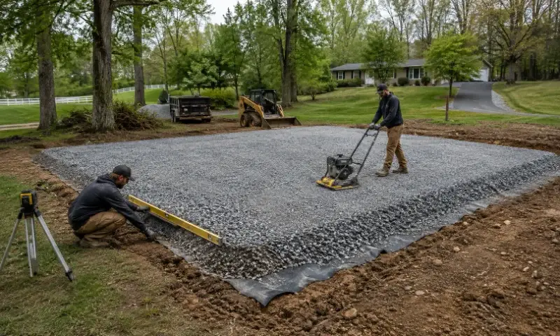 Clean crushed stone gravel pad for shed foundation drainage and moisture control