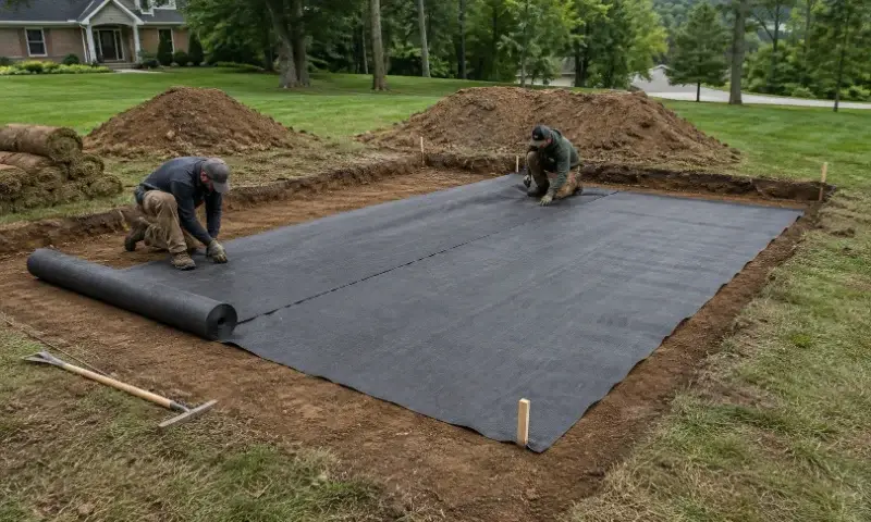 Construction grade stabilization fabric installed below gravel shed foundation pad