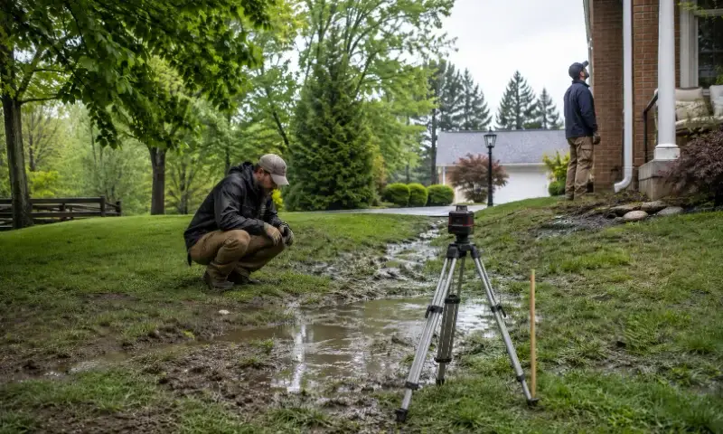 Backyard building site drainage review after rain before shed foundation preparation