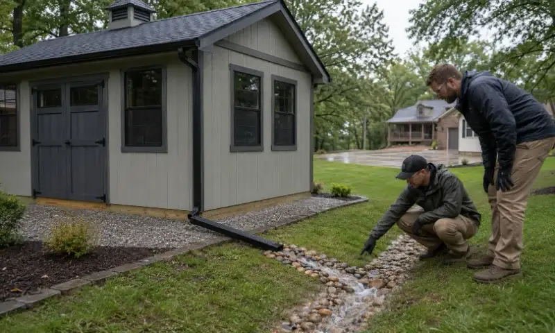 Downspout and runoff directed away from premium backyard shed foundation area