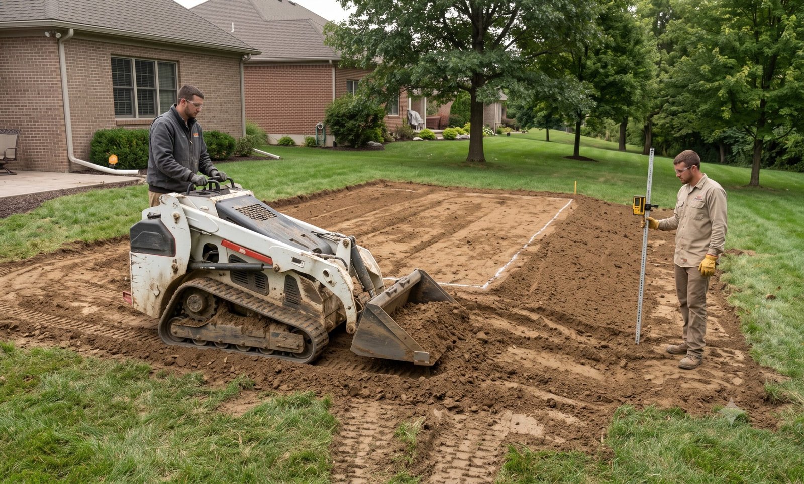 Backyard shed site graded so water moves away from gravel pad and foundation beams
