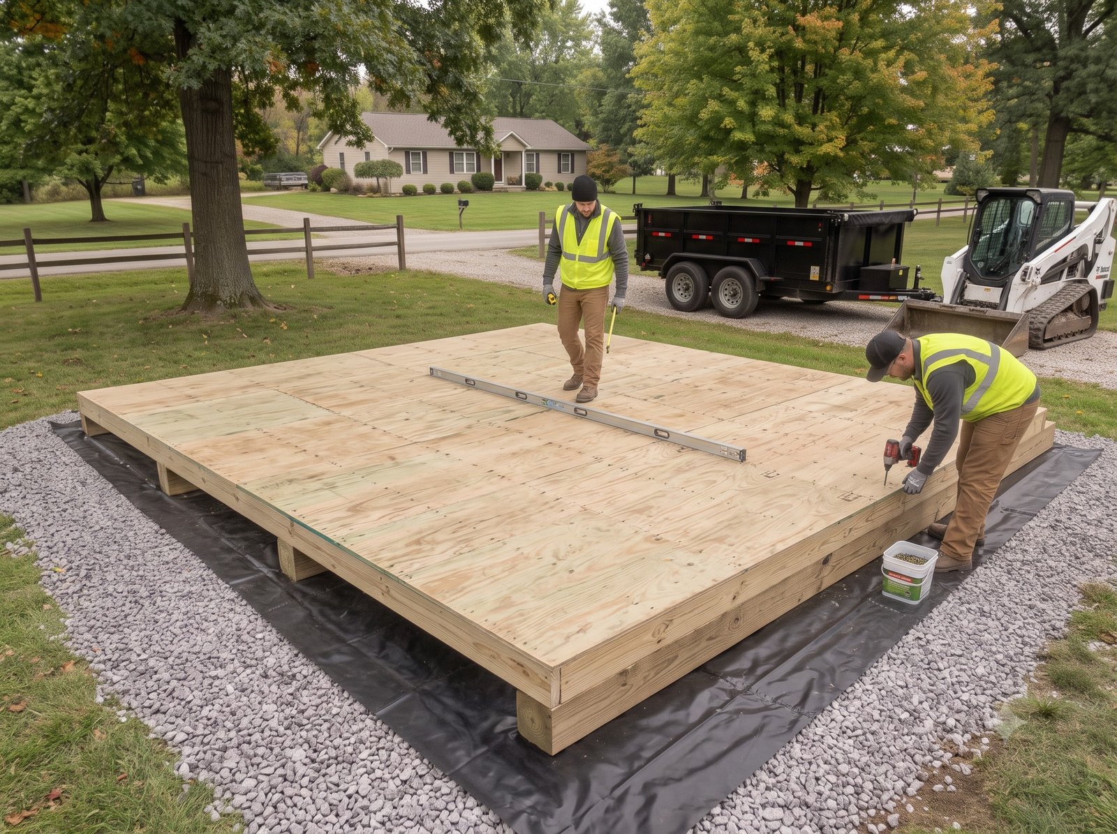 3/4 inch pressure treated plywood subfloor installed over framed shed floor joist system