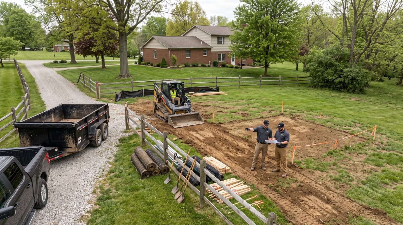 Aerial view of dump truck equipment trailer skid steer gravel staging and residential site preparation capability