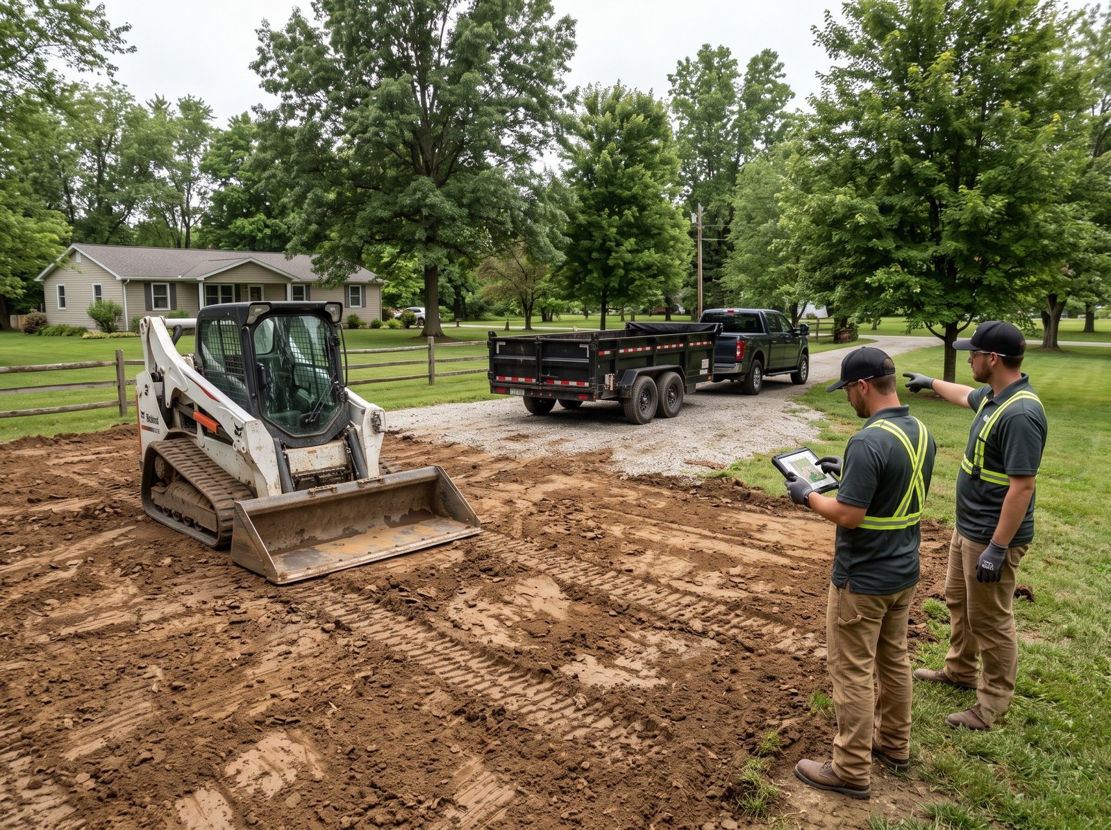 Ground level view of dump truck equipment trailer skid steer and gravel handling capability for shed site preparation