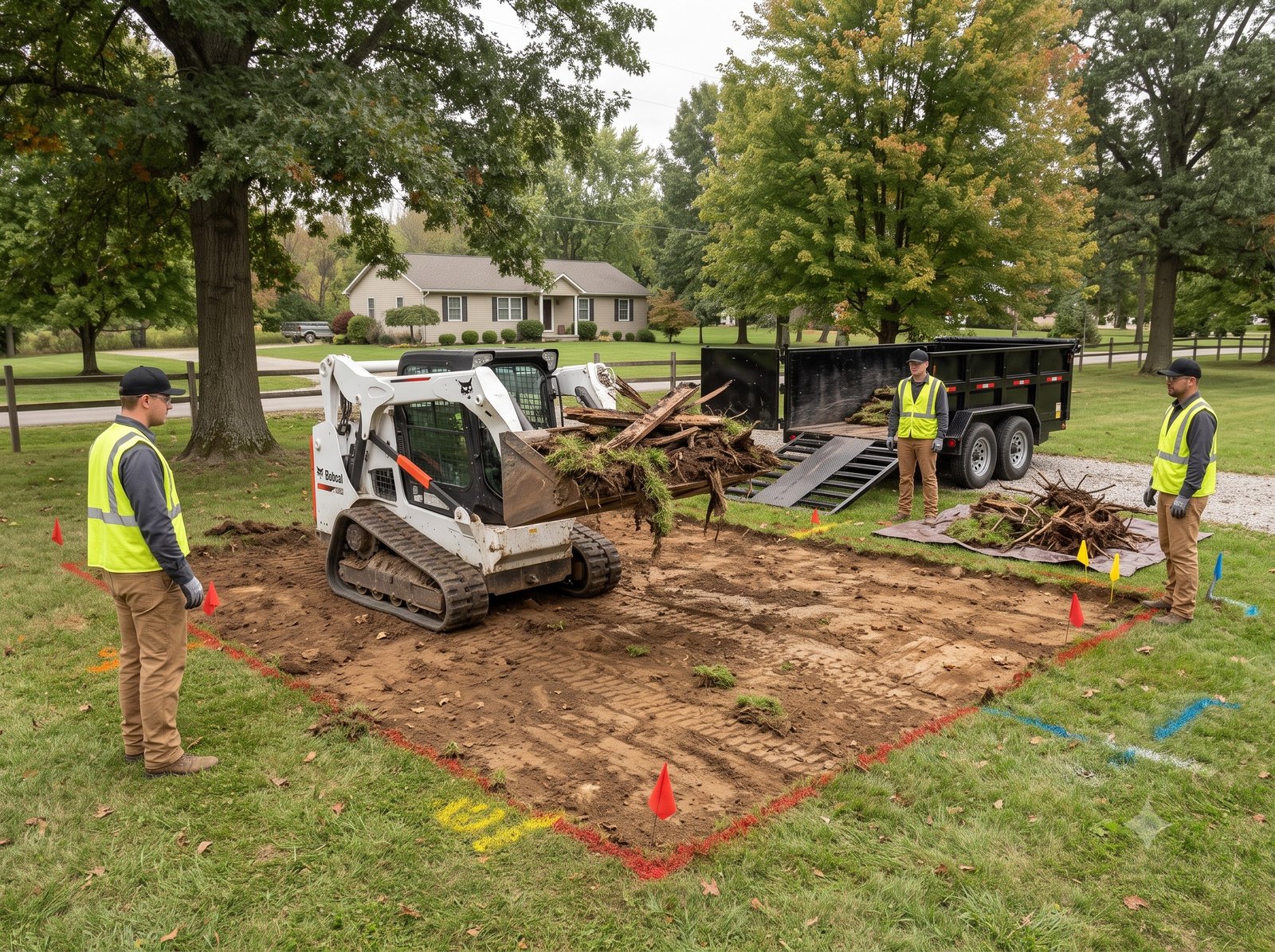 Backyard shed site clearing with vegetation debris and existing structure removed