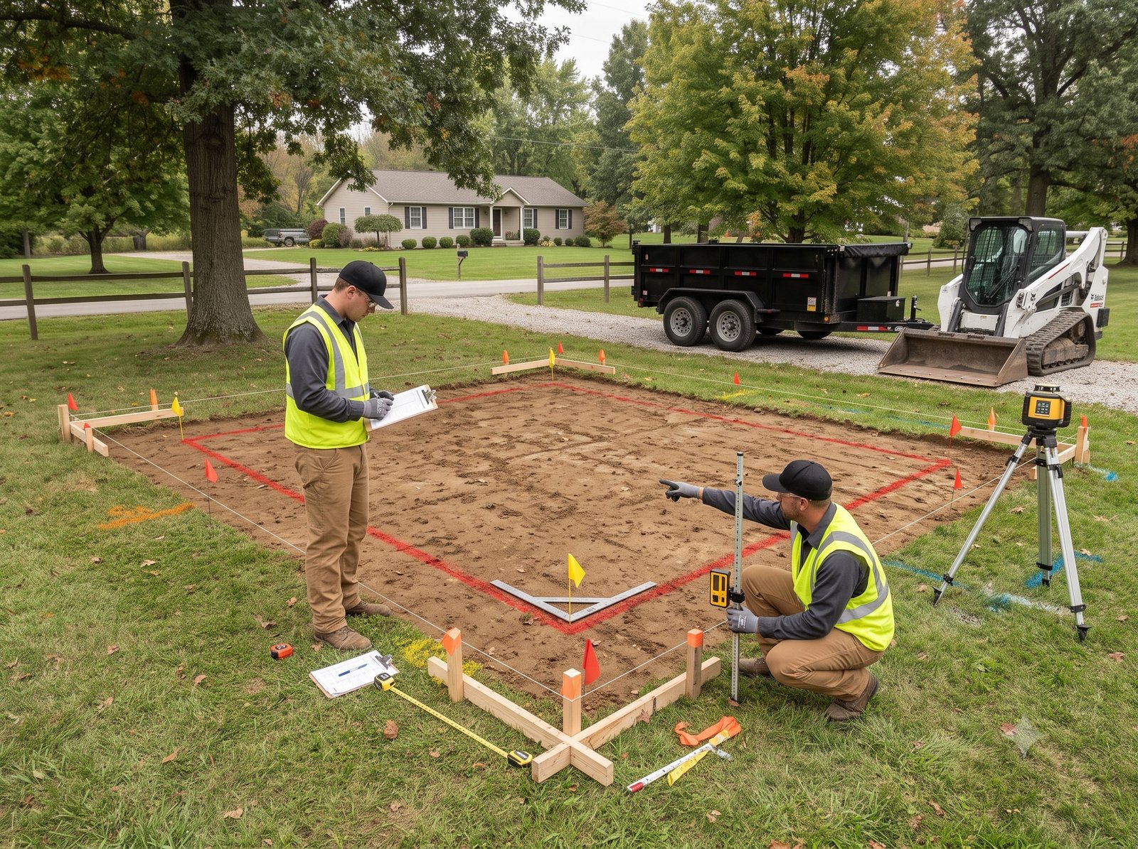 Backyard shed foundation layout with stakes flags batter boards and laser level