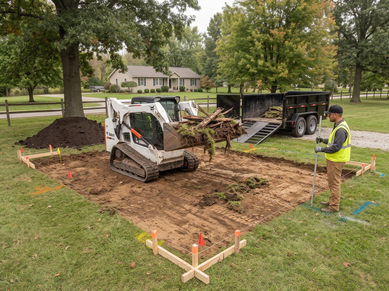 Excavated backyard shed foundation pad with sod roots and organic topsoil removed
