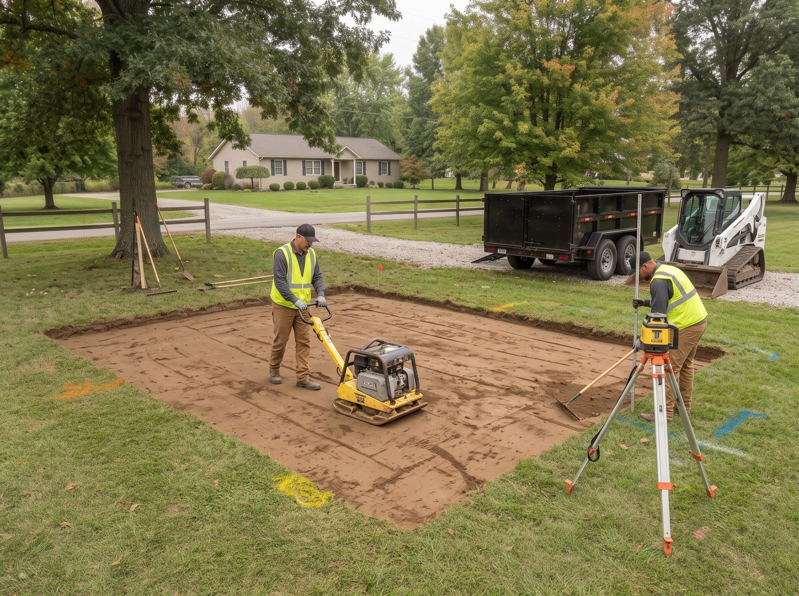 Compacted subgrade prepared before geotextile fabric and shed gravel foundation base