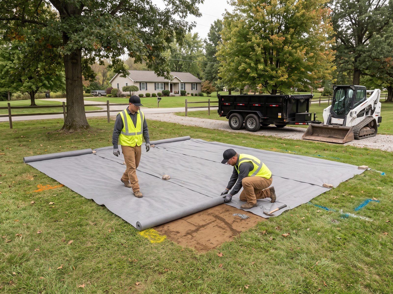 Commercial geotextile stabilization fabric installed over compacted subgrade before shed gravel pad