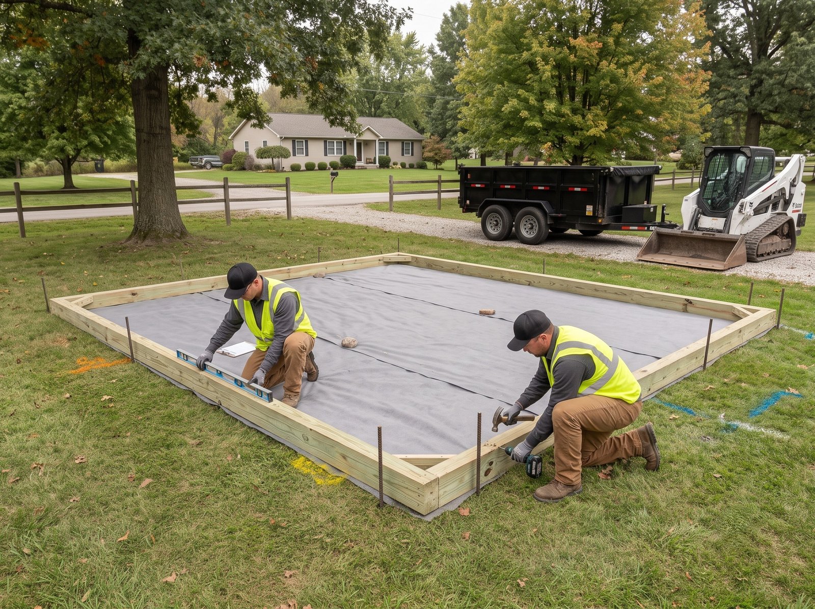 Pressure treated perimeter containment frame installed around shed gravel foundation pad