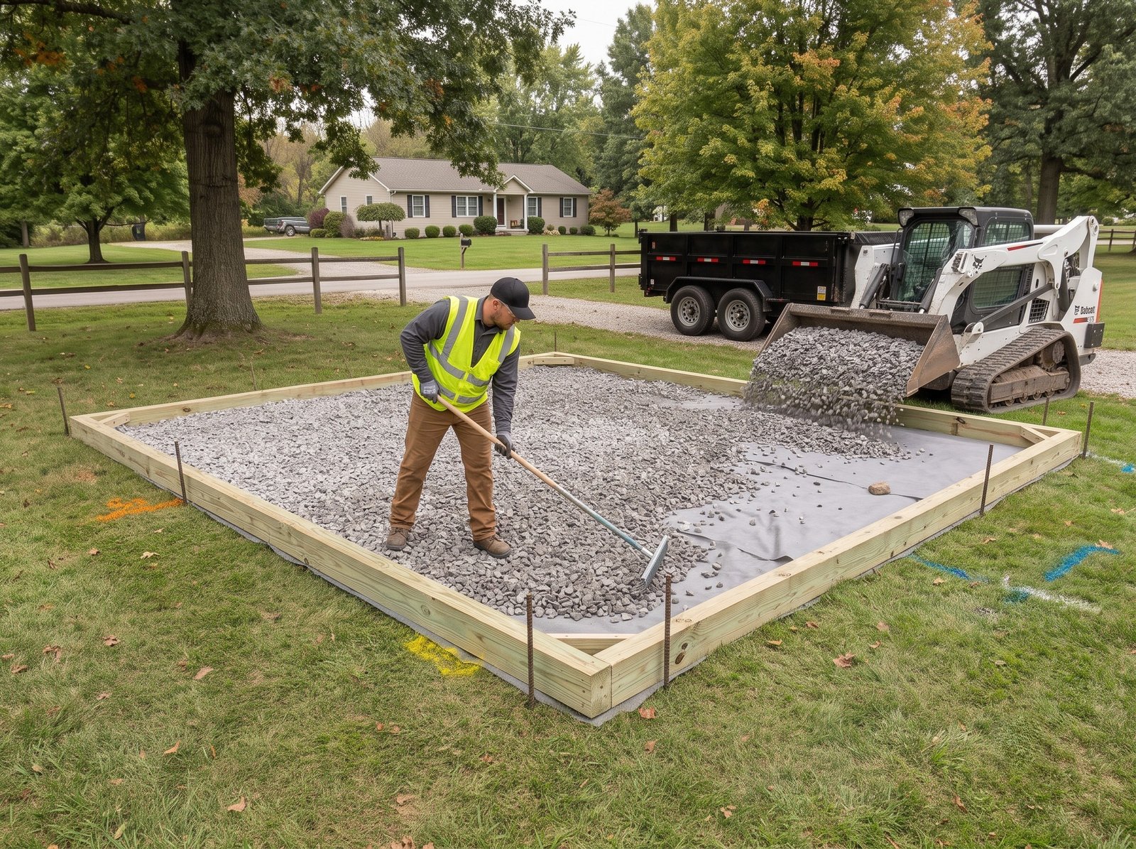 #57 washed limestone placed over geotextile fabric for backyard shed gravel foundation pad