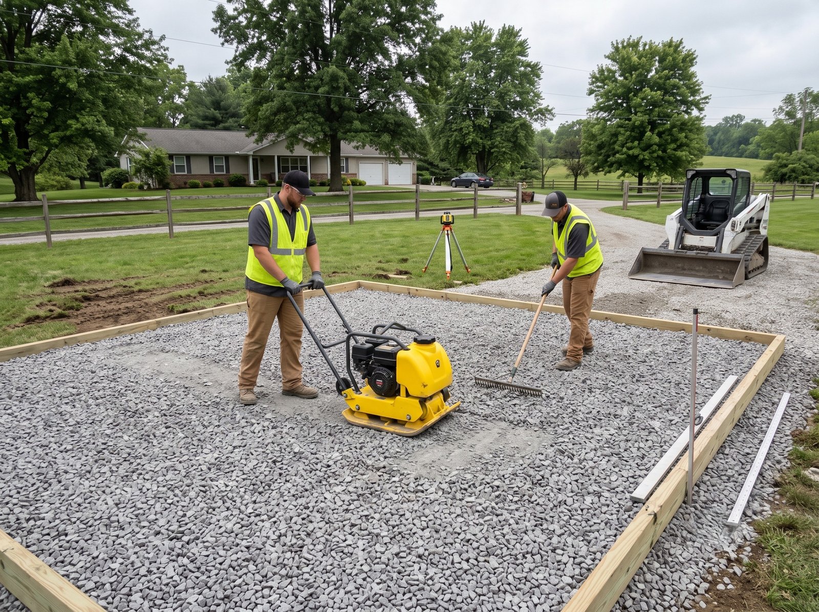 Leveling and consolidating #57 limestone gravel base before shed moisture barrier installation