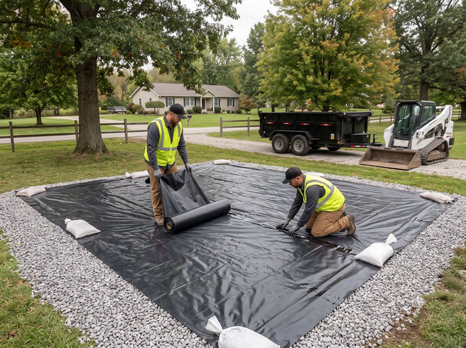 Black 10 mil moisture barrier installed over gravel pad before 6x6 pressure treated foundation beams