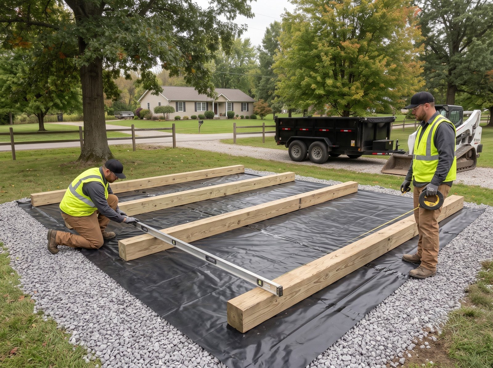 6x6 ground contact pressure treated foundation beams placed on black moisture barrier over gravel pad