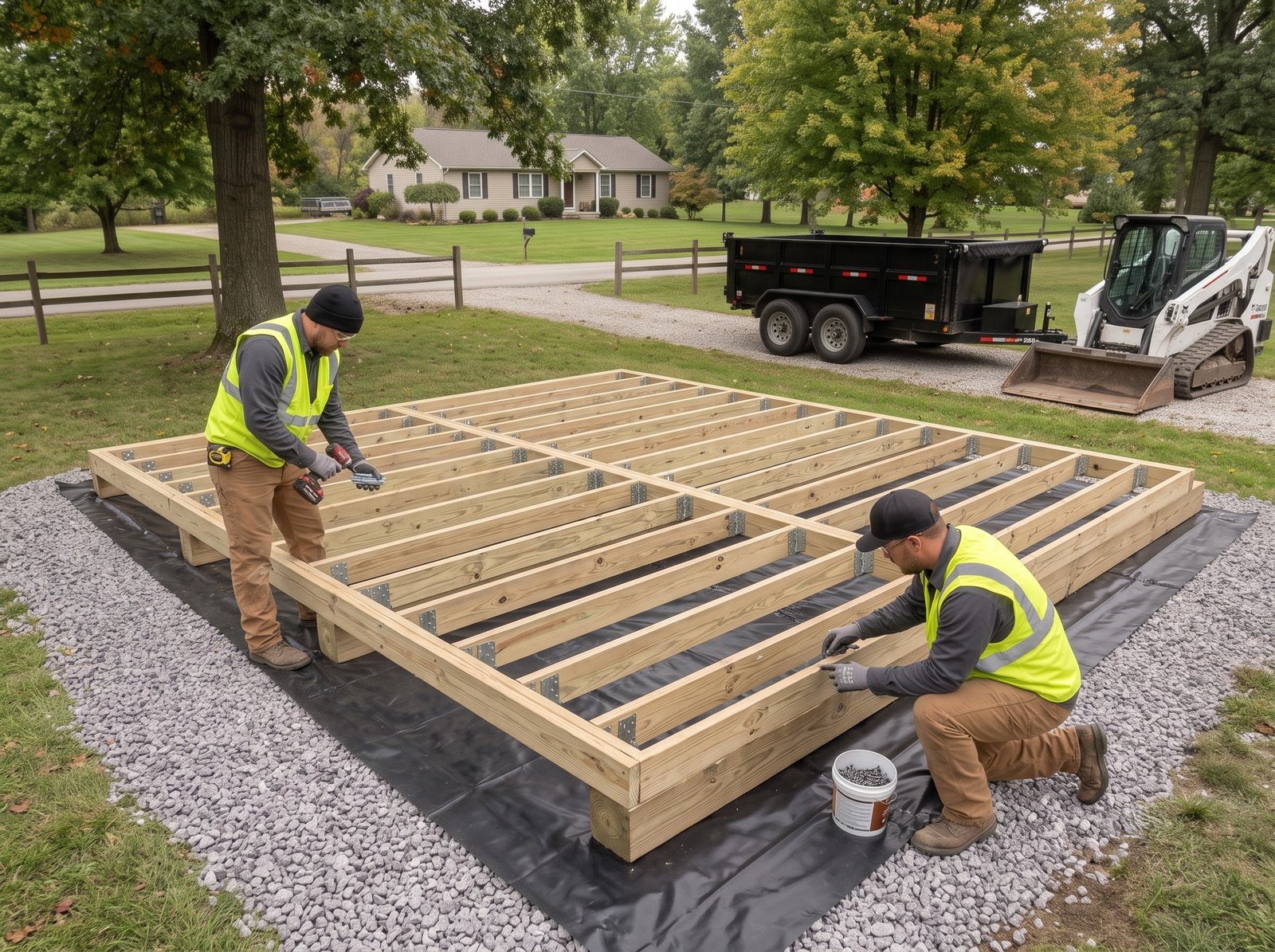 2x6 pressure treated floor joists installed perpendicular to 6x6 foundation beams for shed floor framing